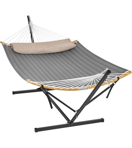 SONGMICS Hamac cu suport metalic, cu suprafata captusita, reglabil, include perna, 200 kg, 400x100x90 cm, gri