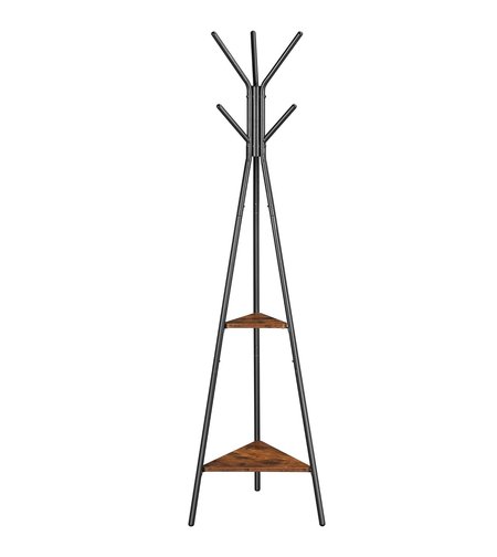 VASAGLE Cuier metalic, cu ​​2 rafturi MDF, inaltime 179cm, stil industrial, maro rustic si negru