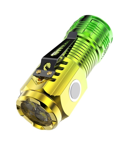 Lanterna cu 3 Nuclee Led, Vafy, Incarcare USB, Autonomie 4-20h, Raza Maxima 100-200 m, 5W, 4 x 4 x 9 cm, Suport de Agatat, Fund Magnetic, Galben/Verde