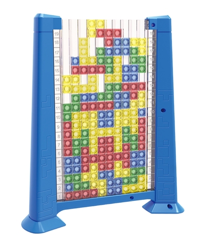 Joc de inteligenta Tetris puzzle tangram Flippy, 70 de piese multicolore, 3D, montessori, interactiv, din plastic, zar inclus, sac depozitare piese, varsta peste 6 ani, 23 x 19.8 x 5 cm, cadru albastru