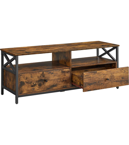 VASAGLE Comoda TV cu 2 sertare si 2 rafturi, cadru metalic, stil industrial, 120x40x50 cm, maro rustic