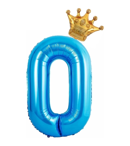 Balon din Folie Metalizata Flippy, Figurina Cifra si Coroana, Tema Aniversare 100 cm, Ambalaj Individual, Pai inclus, Umflare cu Aer sau Heliu, Albastru, Cifra 0