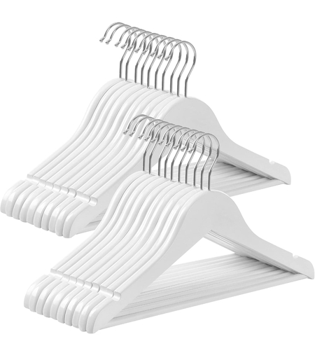 SONGMICS Umerase copii 35x20 cm, set 20 buc, lemn masiv cu bara pentru pantaloni si carlig rotativ, alb