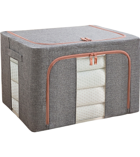 Cutie de depozitare pliabila, Flippy, Cu fermoar, 100 L, Textil, 60x42x40 cm, Cadru Metalic, Suport Baza Stabil din Plastic, Gri, Cu doua ferestre