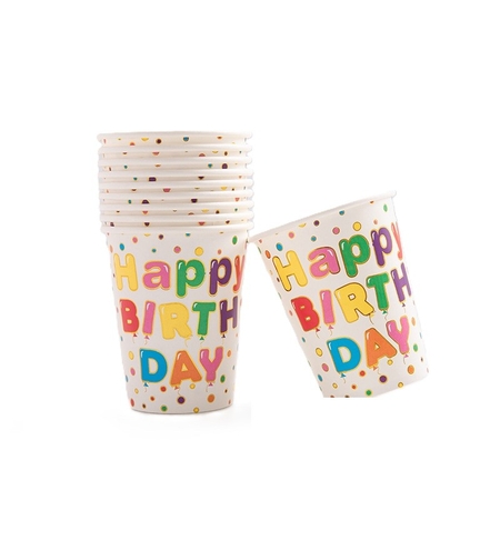 Set 10 Pahare, Flippy, Imprimeu Happy Birthday, din Carton, 250 ml, 7.5 x 8.5 cm, Multicolor
