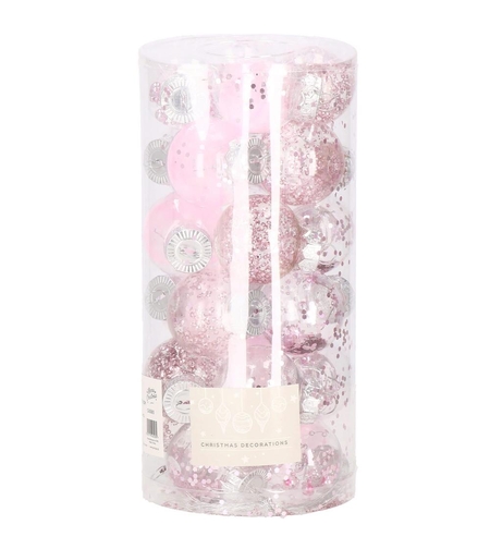 Set globuri de Craciun Inedit, 24 bucati, 5cm, transparente si roz pal