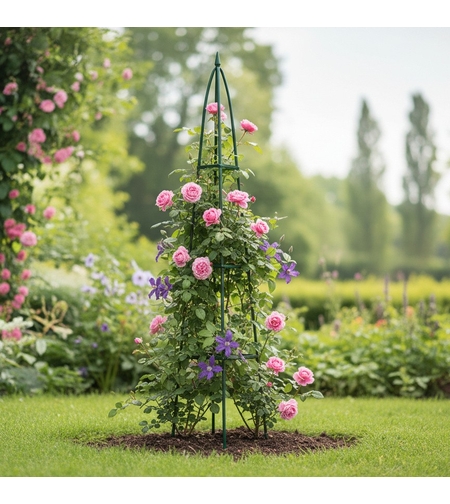 Pergola gradina piramidala pentru plante cataratoare, structura otel, 31x31x200 cm, verde inchis
