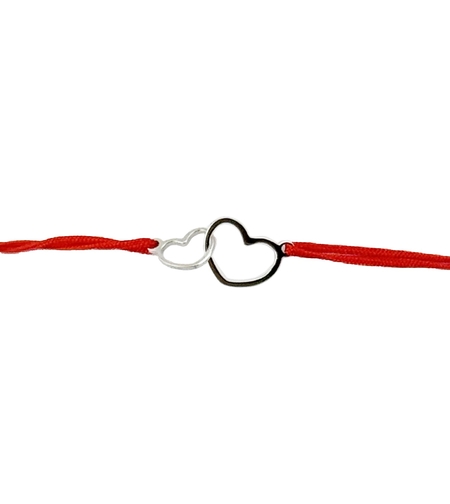 Martisor Bratara Argint 925, Jolie, Model 2 Inimi Pereche, Martisor de 1 Martie, cu Snur Rosu, Argintiu