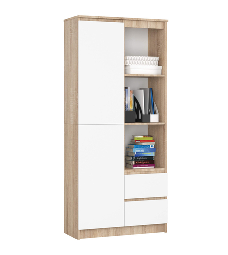 Dulap cu usa, 2 sertare si 7 rafturi, PAL laminat 16 mm, 80x35x180 cm, sonoma si alb
