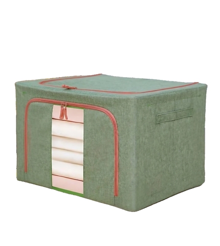 Cutie de Depozitare Pliabila, Flippy, Cu fermoar Bidirectional, 66 L, Textil, 50x40x33 cm, Cadru Metalic, o Fereastra, Suport Baza Stabil din Plastic, Verde