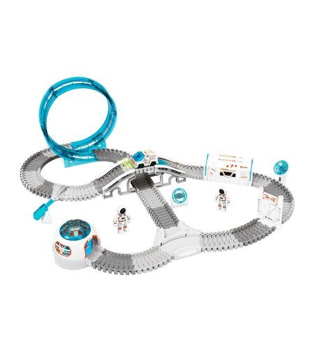 Set constructii traseu auto spatial pentru copii cu 205 piese, astronauti, vehicul electric si proiectie, 46x31x11 cm