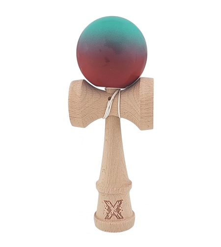 Kendama X Originala, Profesionala, Flippy, din Lemn, Rubber Grip, 18 cm, Rosu/Verde