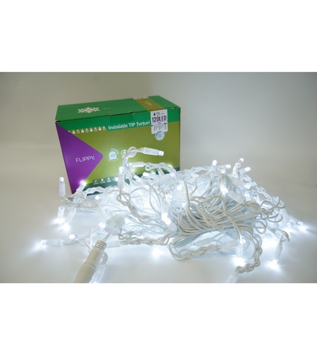 Instalatie de Craciun Vafy® Tip Franjuri cu Flash, IP65, Sectiune 5 m, 120 LED-uri, Interconectabila, Fir Alb, Alb Rece, Atentie! Nu contine Alimentator