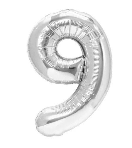 Balon din Folie Metalizata, Flippy, Figurina Cifra, Tema Aniversare 100 cm, Ambalaj Individual, Pai inclus, Umflare cu Aer sau Heliu, Argintiu, Cifra 9