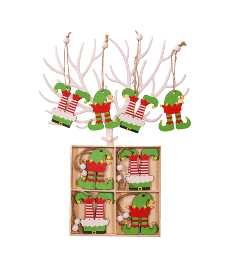 Set 12 Decoratiuni de Craciun din Lemn, Flippy, cu Snur pentru Agatare in Brad, Model Caciulite 6.3x5.2 cm si Pantaloni 6.3x6 cm, Multicolor
