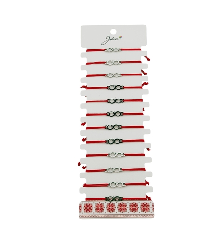 Bratara Martisor pentru Dama, Jolie, Model Infinit, Set 12 bucati, Pandativ Argintiu din Inox cu Snur Rosu Ajustabil