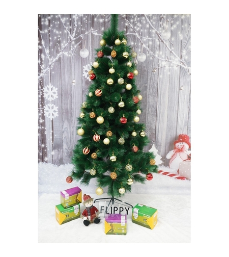 Set brad artificial de Craciun si elemente decorative tip pin, inaltime 210 cm, diametru 115 cm, 350 ramuri cu ace 3D 12 cm, Flippy, verde, suport metalic inclus