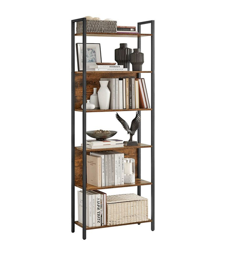 VASAGLE Biblioteca cu 6 rafturi, stil industrial, cadru metalic si PAL, 128x24x187 cm, maro rustic
