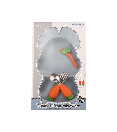 Set diversificare bebelusi Flippy, din silicon, 26 x 15 cm, 1 farfurie compartimentata in forma de iepure, lingurita si furculita, pai, perie pai, fara alergeni, ventuza fixare, forma creativa, bleumarin