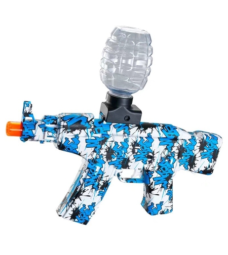 Mitraliera de jucarie electrica Flippy cu bile de hidrogen de gel, gun bluster, tragere in rafala, varsta peste 6 ani, sageti cu ventuze de spuma, amorizor, ochelari de protectie, 5000 de bile incluse, cablu de incarcare, 28x31 cm, AK47, albastru
