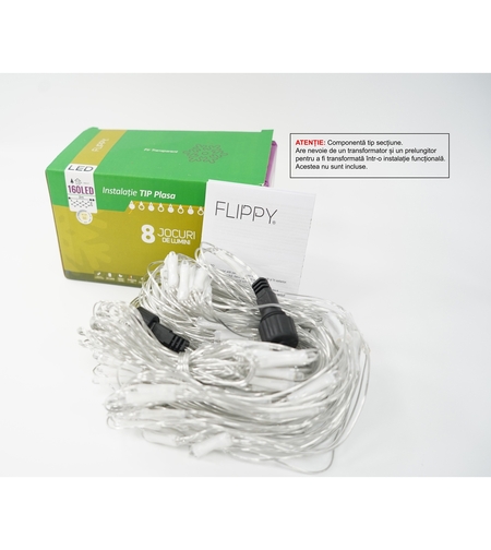 Sectiune Instalatie de Craciun Vafy, Tip Plasa, 160 LED-uri, 2 m x 2 m, 8 jocuri de lumini, Interconectabila, Fir transparent, Alb cald