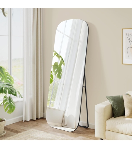 SONGMICS Oglinda podea cu colturi rotunjite, rama aluminiu, sticla securizata, 160x50 cm, negru