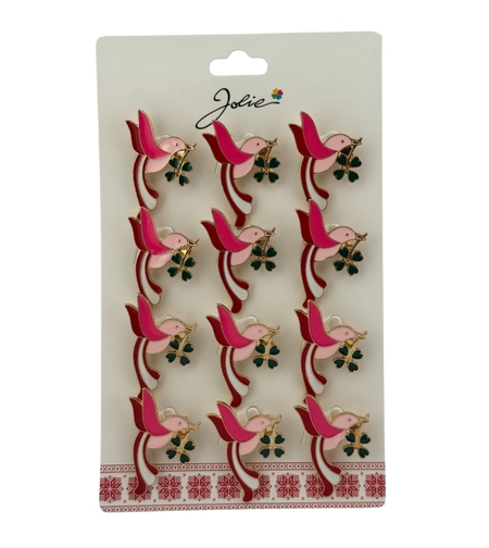 Set 12 Brose Martisor Primavara, Jolie, Model Pasare cu Trifoi in Cioc, Roz