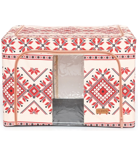 Cutie de Depozitare Pliabila, Flippy,100 L din Bumbac si In, 60X42X40 cm, Fereastra Frontala, 2 Usi de Acces cu Fermoar Bidirectional, Cadru Metalic, Suport Baza Stabil din Plastic, Motiv Traditional Model 2