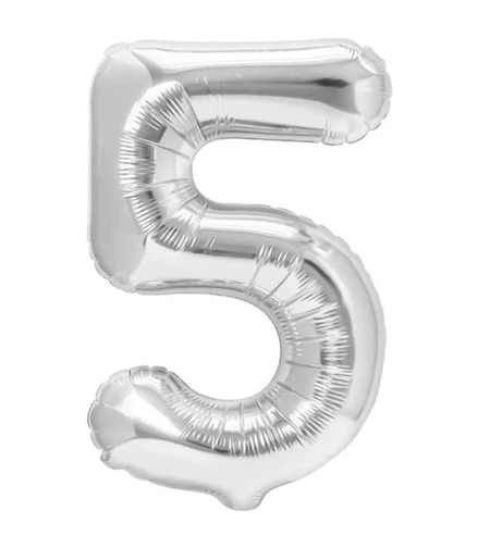 Balon din Folie Metalizata, Flippy, Figurina Cifra, Tema Aniversare 100 cm, Ambalaj Individual, Pai inclus, Umflare cu Aer sau Heliu, Argintiu, Cifra 5