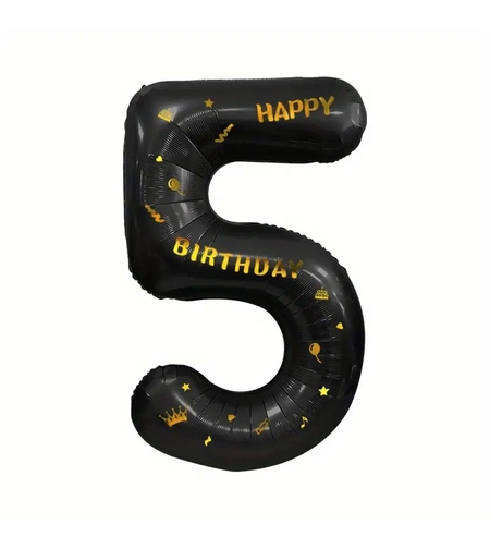 Balon din Folie Metalizata Flippy, Figurina Cifra, Scris Happy Birthday, Tema Aniversare 100 cm, Ambalaj Individual, Pai inclus, Umflare cu Aer sau Heliu, Negru, Cifra 5