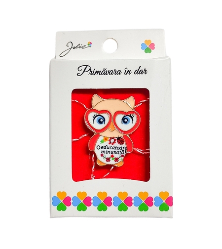 Martisor Brosa Mica in Cutie, Jolie, Model Bufnita O Educatoare Minunata, Metal, 5 x 3 cm, Multicolor