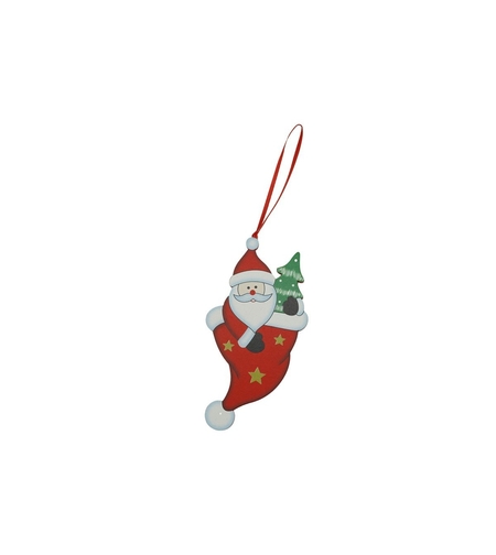 Ornament de brad om de zapada in ciorap, Flippy, rosu, lemn, 14 cm