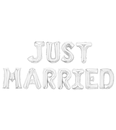 Set Baloane din Folie Metalizata, Flippy, Model Just Married, Litere de 40 cm, Baloane Party, Ambalaj Individual, Pai, Ata si Adeziv Incluse, Umflare cu Aer sau Heliu, Argintiu