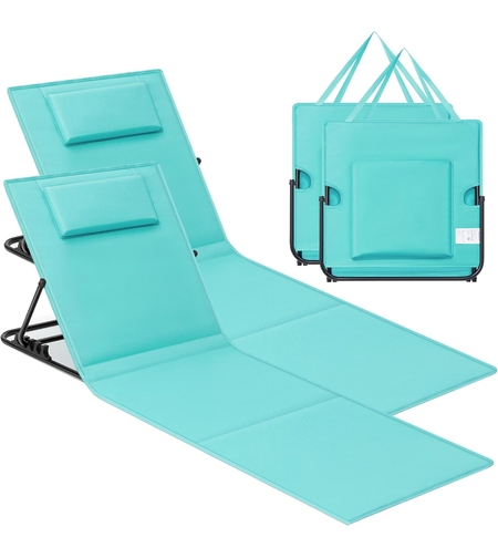 SONGMICS Set 2 sezlonguri plaja pliabile, spatar reglabil in 4 pozitii, tetiera, buzunar depozitare, 158x55 cm, albastru turqoise