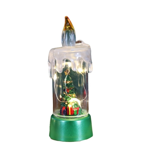 Decoratiune de Craciun tip Lumanare, Flippy, Lumanare de Cristal fara Fulgi de Zapada, Model Brad, Iluminare LED, 13 x 5 x 5 cm, Baza Verde, Transparent