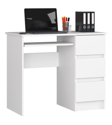 Birou computer cu 3 sertare si raft pentru tastatura, dreapta, 90x50x77 cm, alb