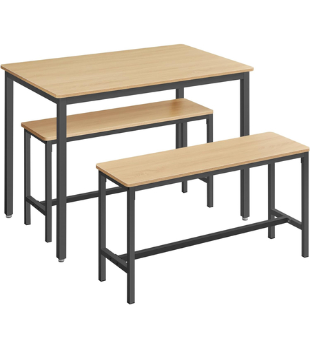 VASAGLE Masa de bar cu 2 banci, design industrial, 110x70x75 cm, stejar natur