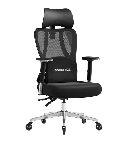 SONGMICS Scaun de birou ergonomic profesional, suport lombar reglabil, tetiera 2D, brate 4D, maxim 150 kg, 70x70x136 cm, negru