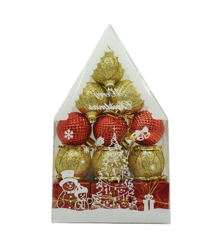 Set de 12 ornamente de brad, Flippy, de tip Glob, Rosu/ Auriu, din polistiren, cu finisaj sclipitor , cutie 4 cm adancime x 20 cm inaltime x 12 cm lungime)