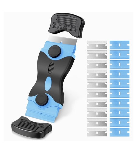 Racleta Multifunctionala pentru Curatare Sticla si Ceramica, Flippy, Design Ergonomic, Maner Anti-alunecare, Include 20 de Lame de Schimb, 12,5 x 4,5 cm, Albastru