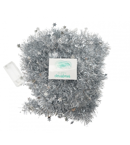 Beteala Craciun cu LED, Argintie, model cu stelute, 2 m x 5 cm, PVC, Sir, Artificiala, Flippy