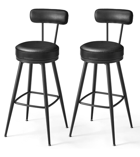 VASAGLE set 2 scaune de bar rotative 360°, cu spatar, inaltime 101 cm, piele sintetica, cadru otel, stil modern, negru