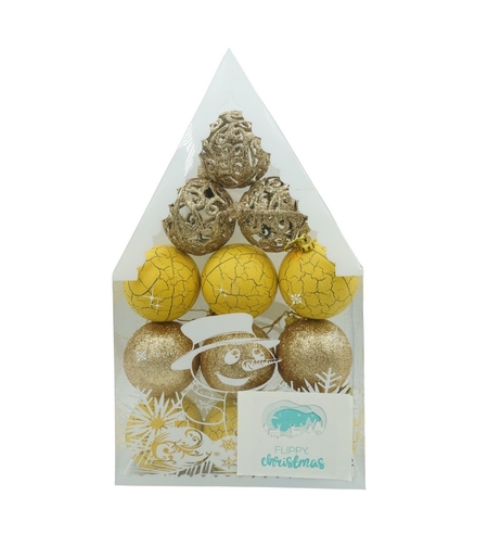 Set de 12 ornamente de brad, Flippy, de tip Glob, Auriu/ Galben, din plastic, cu finisaj sclipitor , cutie 6 cm adancime x 30 cm inaltime x 18 cm lungime)