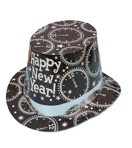 Palarie Tip Lincoln, Flippy, Model Happy New Year cu Ceasuri, Accesoriu Petrecere de Anul Nou, Marime Universala, din Carton, Negru/Argintiu