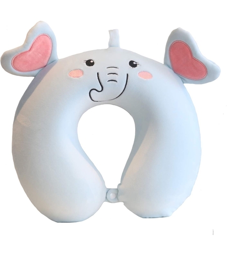 Perna de Calatorie in Forma de U, Vafy, Pentru Gat si Cap, Umplutura din Spuma cu Memorie, 30x30 cm, Model Elefant, Accesoriu de Voiaj, Birou, Masina, Sistem Prindere Capse, Albastru