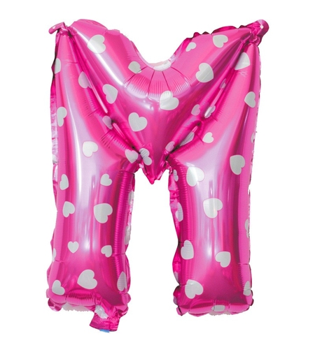 Balon Folie Metalizata Litera M, Flippy, 40 cm, Cu Imprimeu Inimioare, Umflati cu Heliu sau Aer, Ambalaj Individual, Pai inclus, Roz