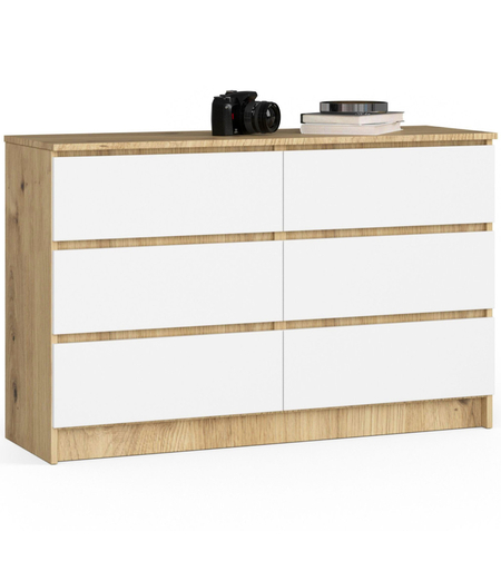 Comoda cu 6 sertare, PAL laminat, 120x40x77 cm, stejar artisan si alb