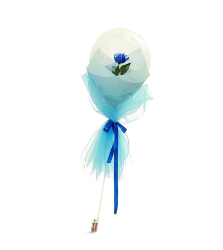 Buchet Decorativ, Flippy, Trandafir in Balon cu Lumini Led, Diametru 35 cm, 2 x Baterii AA (neincluse), Albastru/Alb