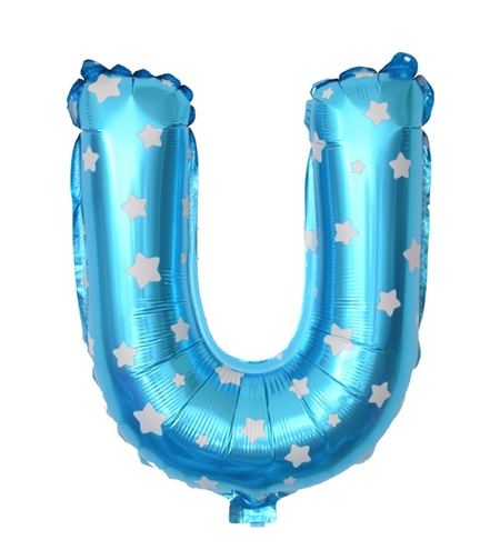 Balon Folie Metalizata Litera U, Flippy, 40 cm, Cu Imprimeu Stelute, Umflati cu Heliu sau Aer, Ambalaj Individual, Pai inclus, Albastru