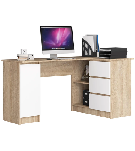 Birou colt dreapta in L cu 3 sertare si rafturi, PAL laminat 16 mm, 155x85x77 cm, stejar sonoma si alb